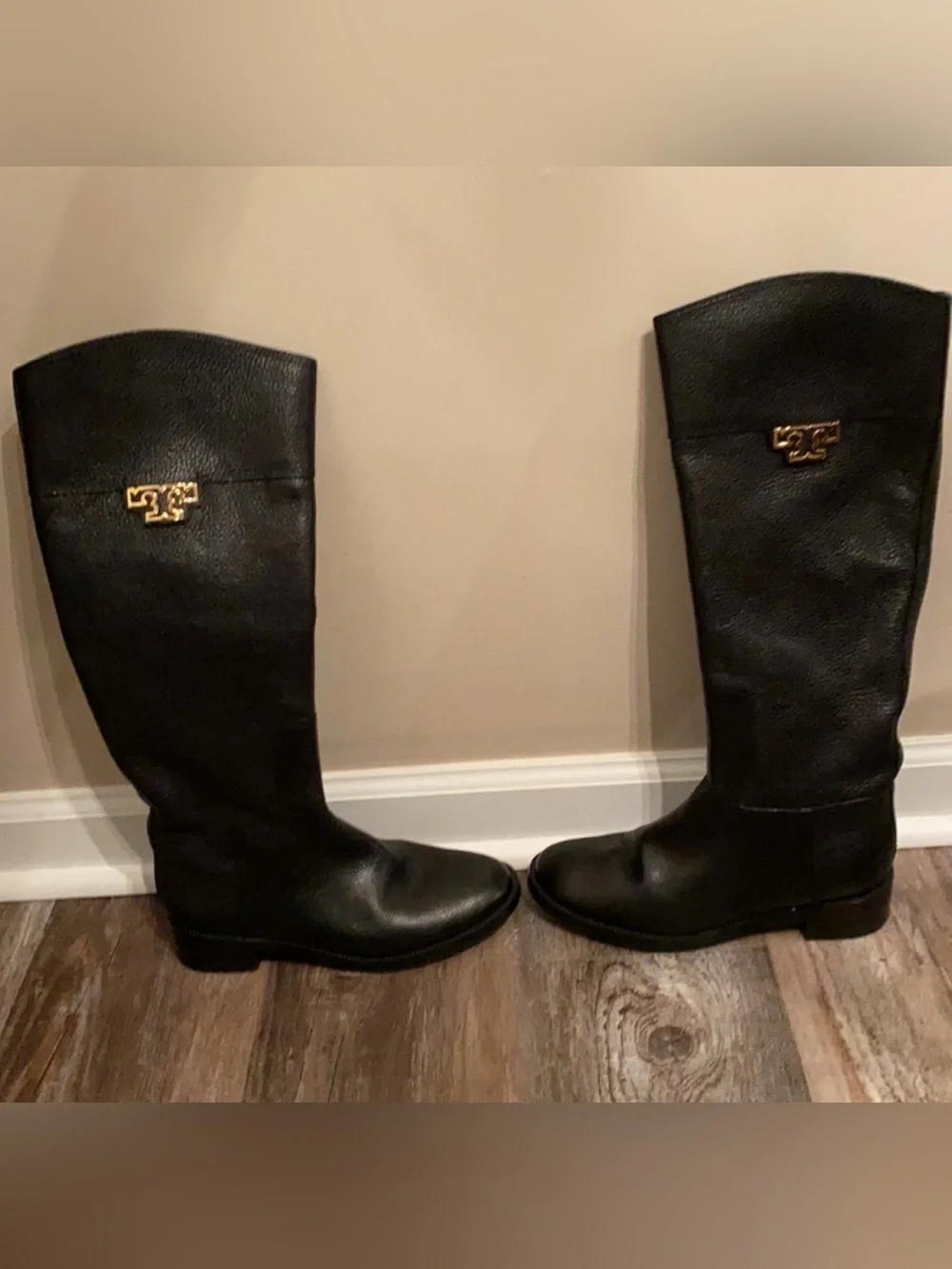 Tory Burch Black Leather Knee-High Boots with Gold Logo